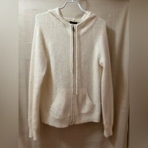 Moda International Angora Rabbit Hair Zip Hoodie Cream Fuzzy Sweater L